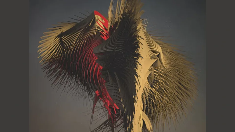 Abstract red, black, and gold 3D form built from layered feather-like geometry.