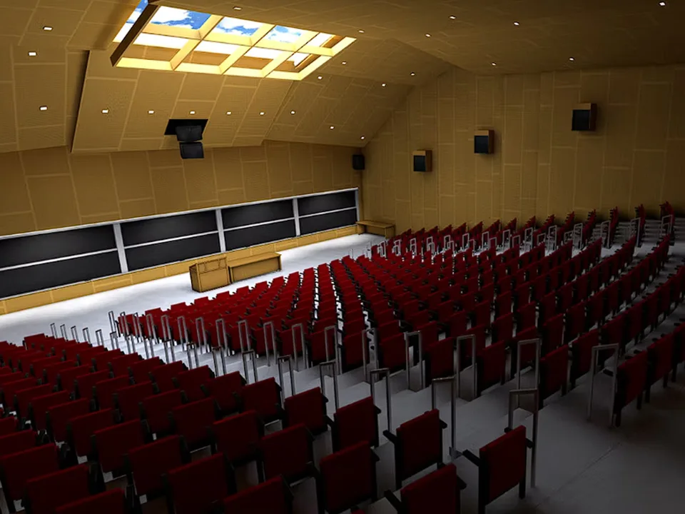3D architectural visualization of a large lecture hall with red seating and geometric ceiling lights.