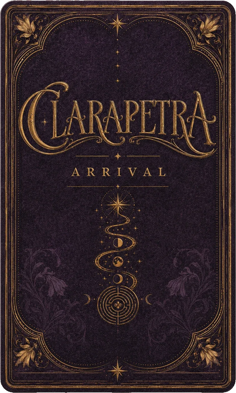 Ornate purple and gold Clarapetra ARRIVAL tarot-card artwork.