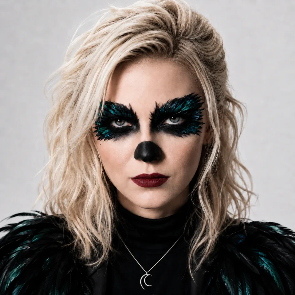 Square studio portrait of Clarapetra with black and teal feathered eye makeup.