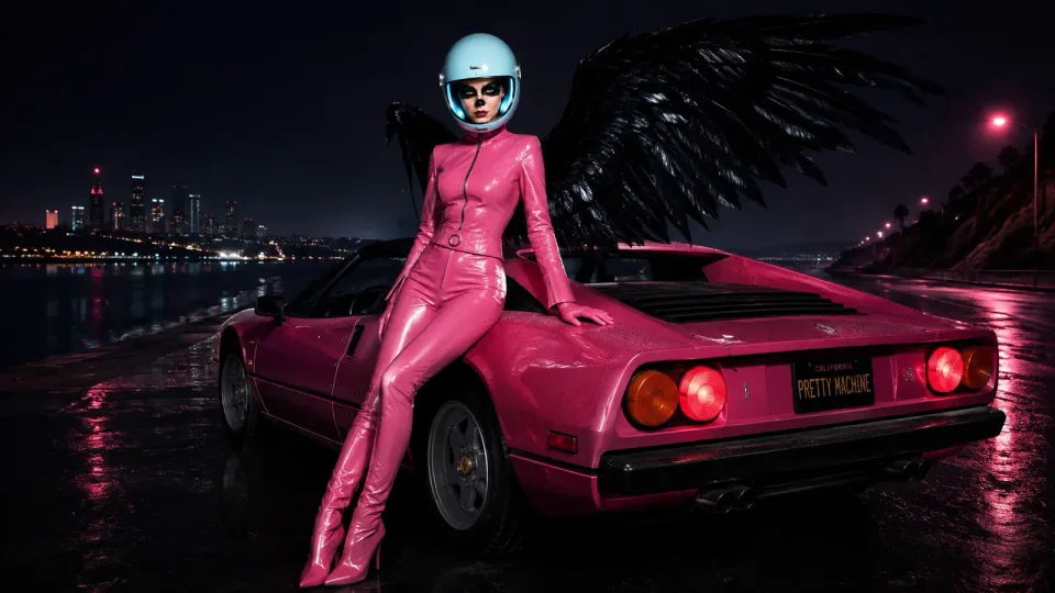 Clarapetra in the Pretty Machine era beside a pink sports car on a neon-lit night drive.