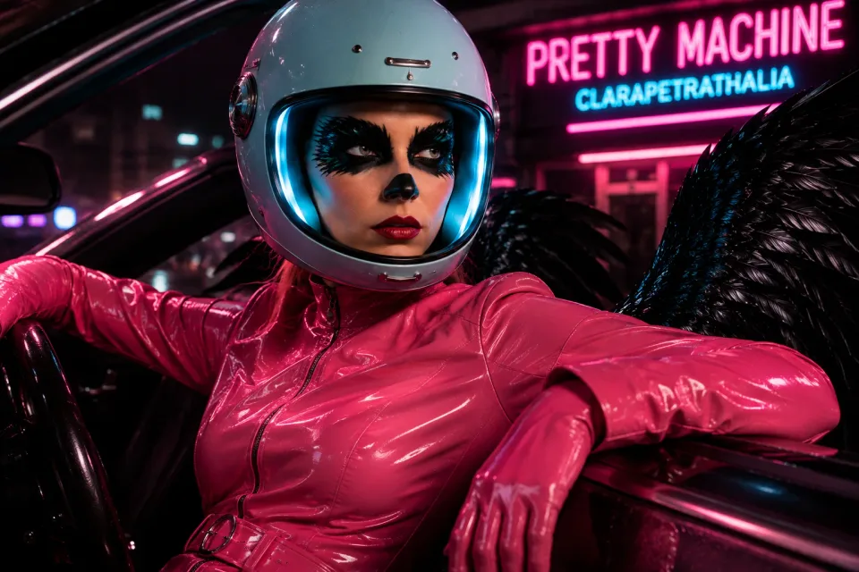 Close Pretty Machine portrait of Clarapetra in a helmet, hot-pink suit, and black wings inside a neon car.