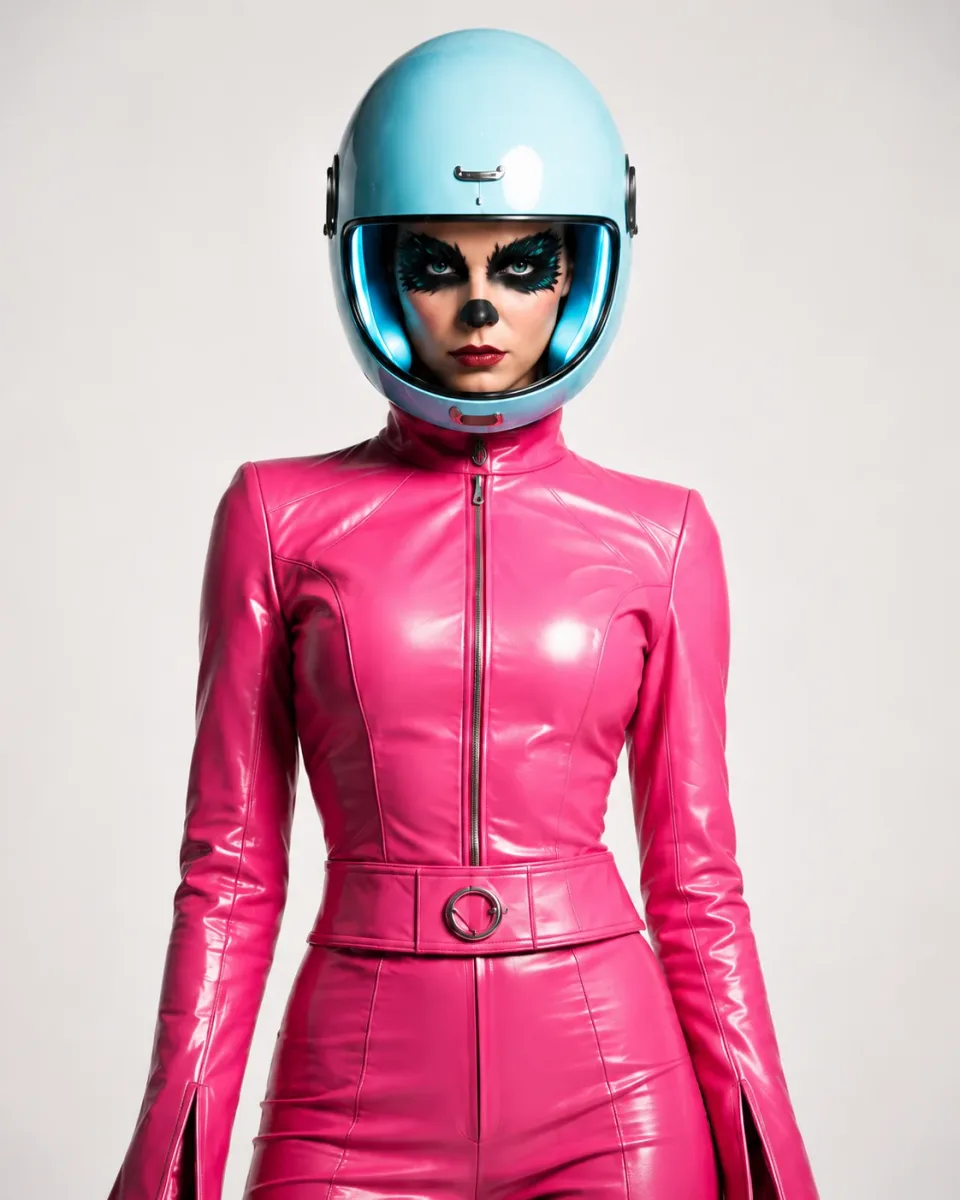 Front-facing Pretty Machine studio portrait with a pale blue helmet, raven-inspired eye makeup, and hot-pink suit.