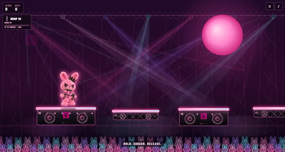 Live Daddy We Bounce gameplay: Daddy B stands above a glowing speaker platform beneath a pink moon, with score and chrome-drop progress visible.