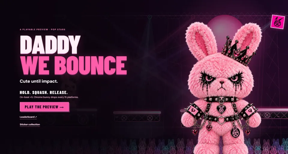 Daddy We Bounce title screen with Daddy B, a pink plush bunny wearing a crown and black studded accessories, on a neon concert stage.