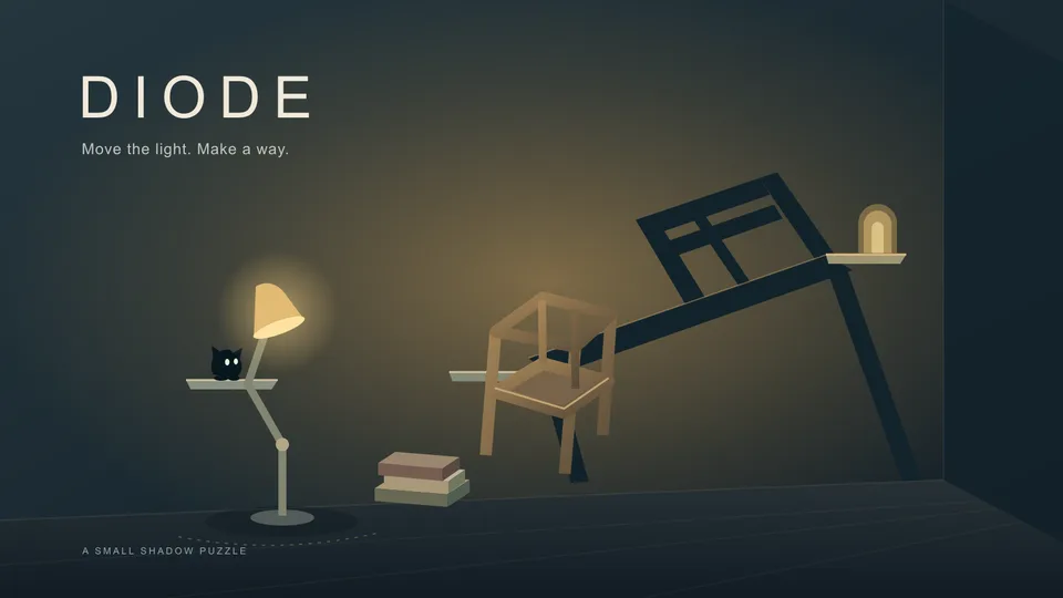 DIODE illustration: warm lamplight projects a chair's shadow across a cool, dark room, with a tiny two-eyed creature waiting on a wall ledge.