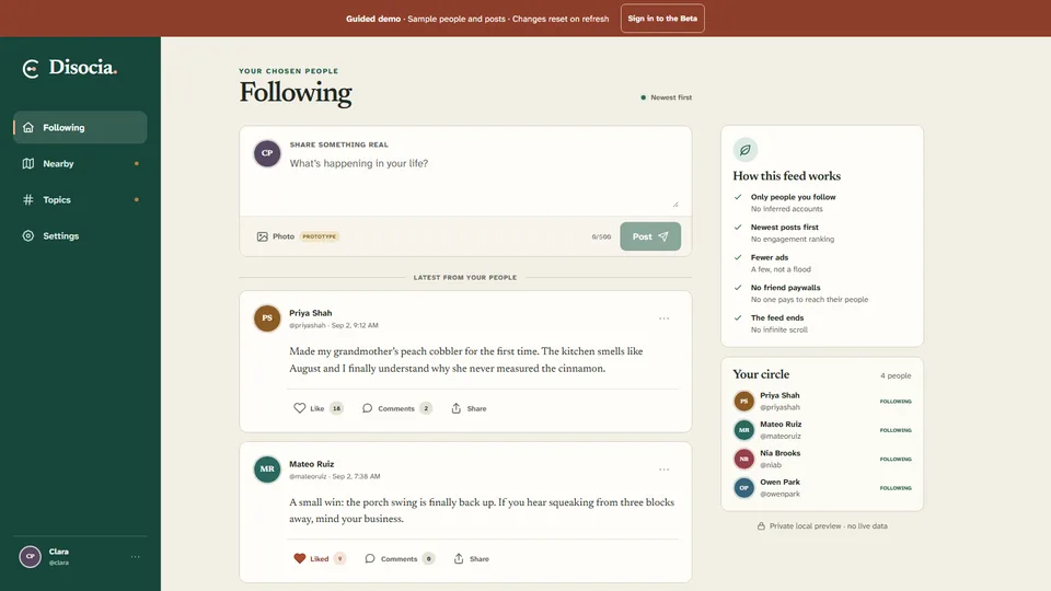 Disocia's guided demo captured on September 13, 2026, showing a newest-first Following feed, sample people and posts, and an explicit demo notice. Nearby and Topics are demo concepts.