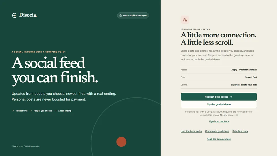 Disocia's live welcome page, with an evergreen and warm-paper design, the promise A social feed you can finish, and beta application and guided demo options.