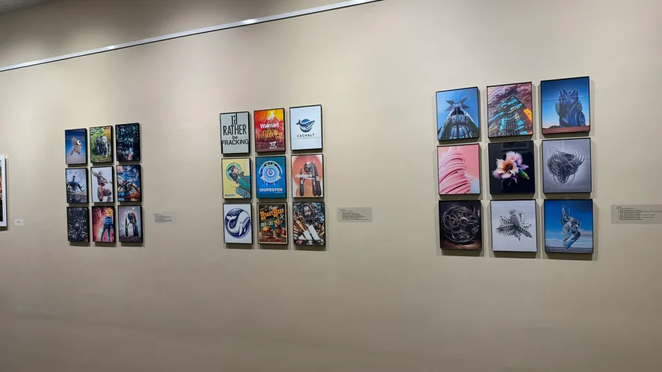 Three groups of framed artworks displayed on a wall at Foster Gallery.