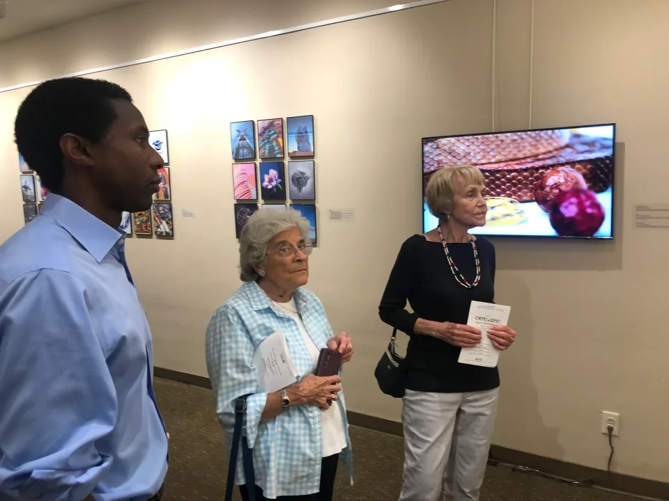 Visitors discussing the exhibition beside framed artworks and a video display.