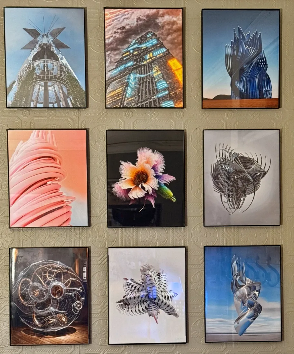 Nine framed artworks in a three-by-three grid, featuring abstract forms, a flower, and sculptural imagery.