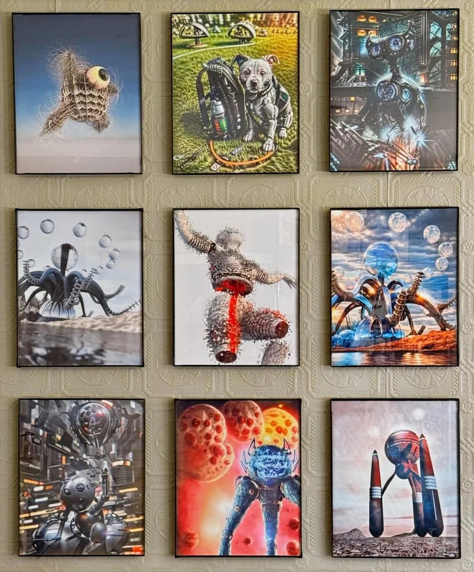 Nine framed surreal artworks in a three-by-three grid on the gallery wall.