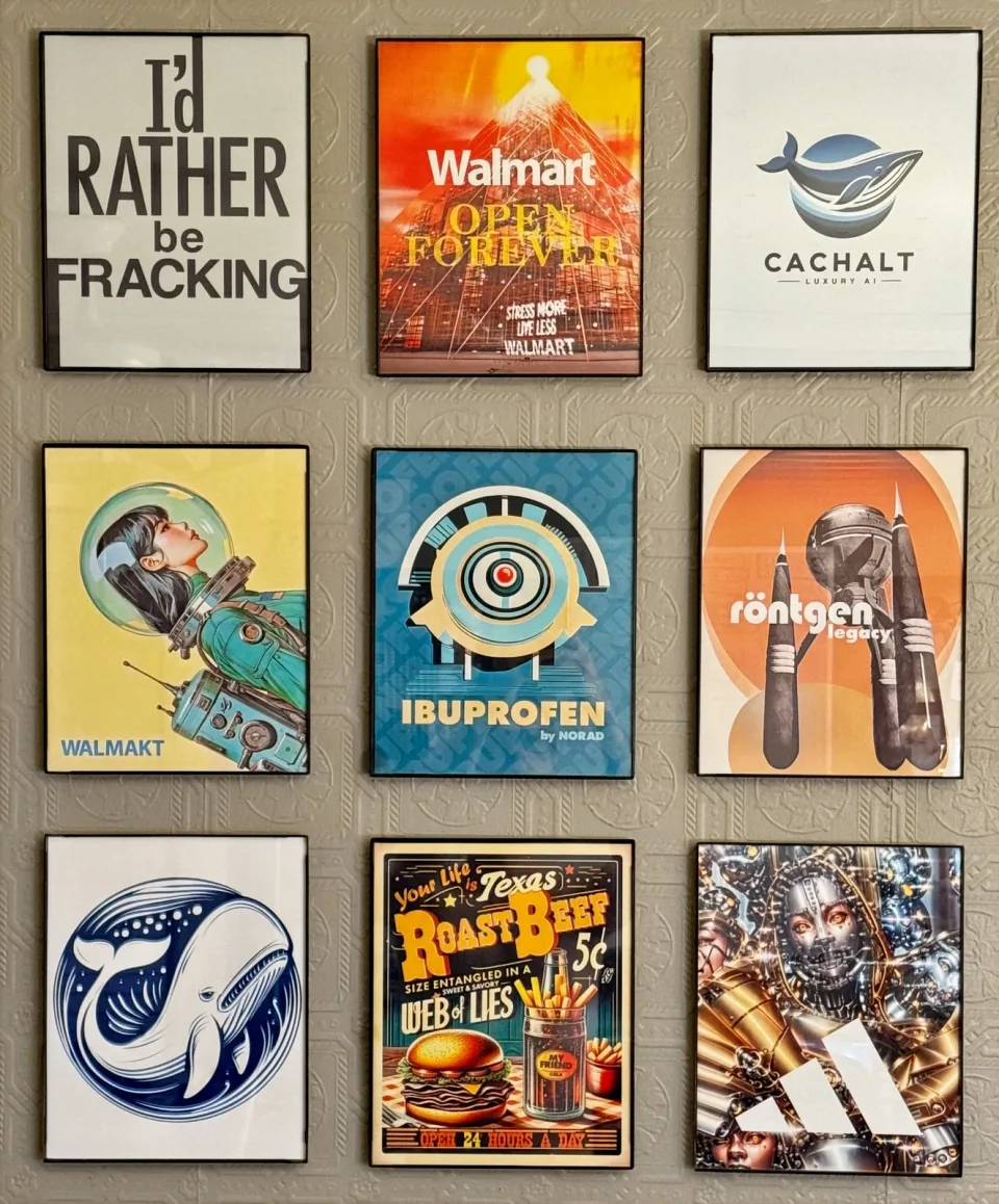 Nine framed poster-style artworks combining slogans, familiar product imagery, and surreal illustrations.