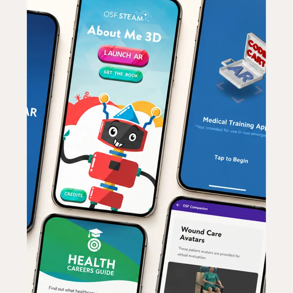 About Me 3D STEAM learning app shown with AR medical training and healthcare-career interfaces.