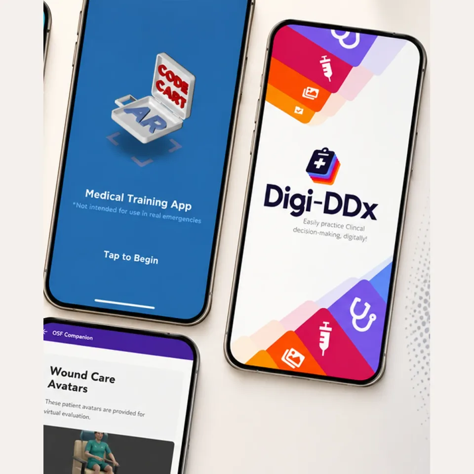 Clinical support interfaces for code-cart AR training, Digi-DDx decision practice, and virtual wound-care avatars.