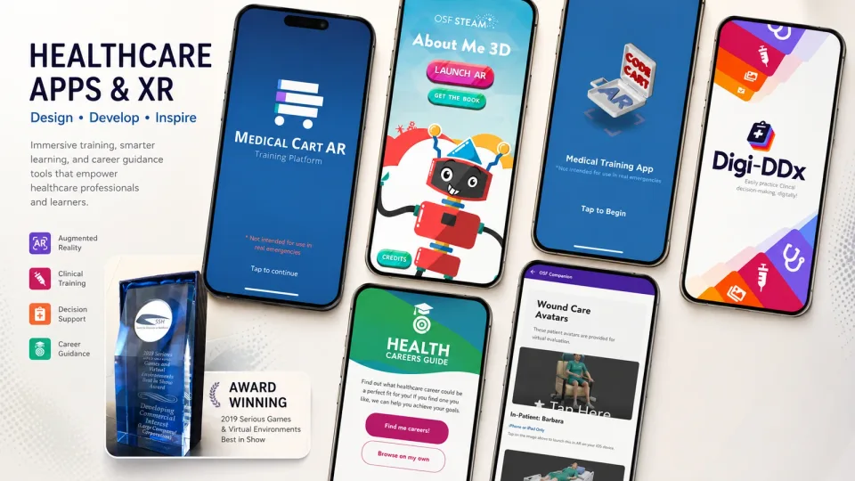 Healthcare Apps and XR project collage showing mobile training, augmented reality, clinical decision support, and career guidance app screens.