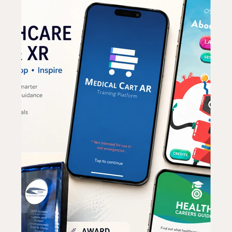 Medical Cart AR training interface presented on a mobile device with an immersive-learning award.
