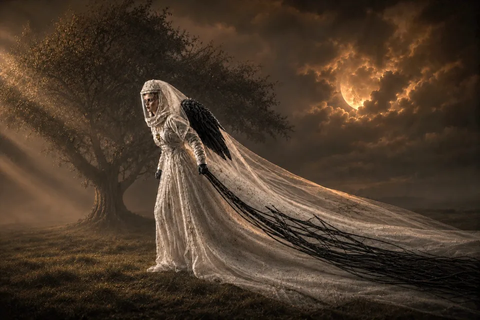 Cinematic MATRIMONIA scene with a raven bride, windswept veil, lone tree, and obscured moon.