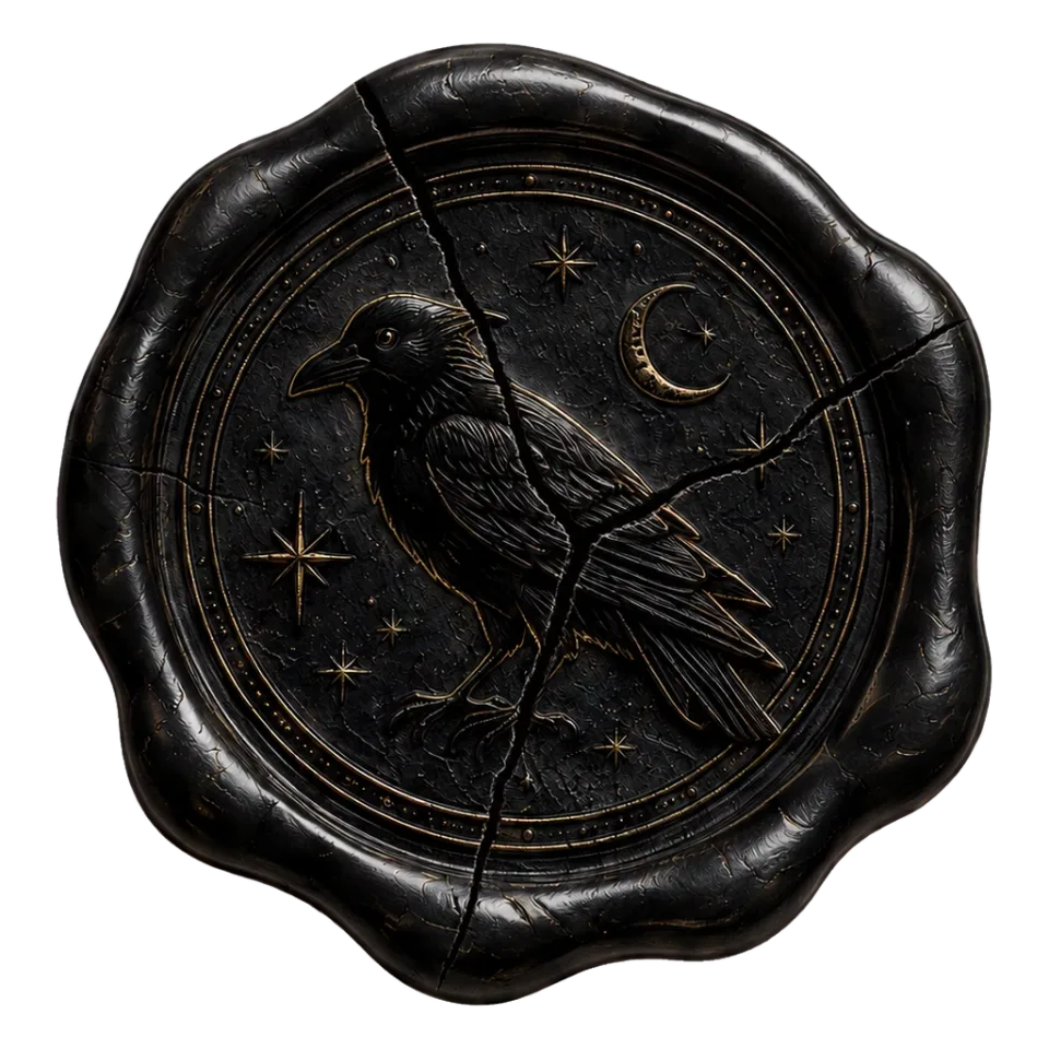 Cracked black raven wax seal created for the MATRIMONIA invitation interaction.