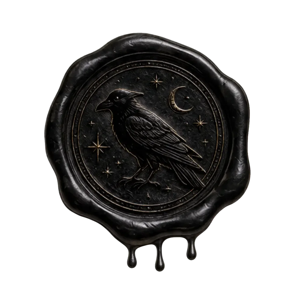 Black wax seal embossed with a raven, crescent moon, and stars.