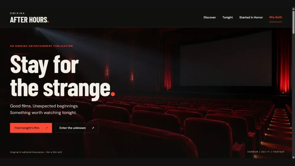 OMIKINA After Hours homepage with its Stay for the strange masthead, red cinema seats, and film discovery navigation.