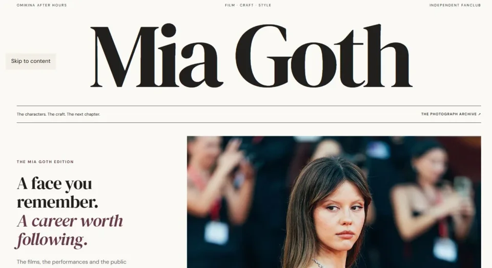 The unofficial Mia Goth fanclub interface with its fashion editorial layout, credited Mia Goth photographs, and source-linked career coverage.