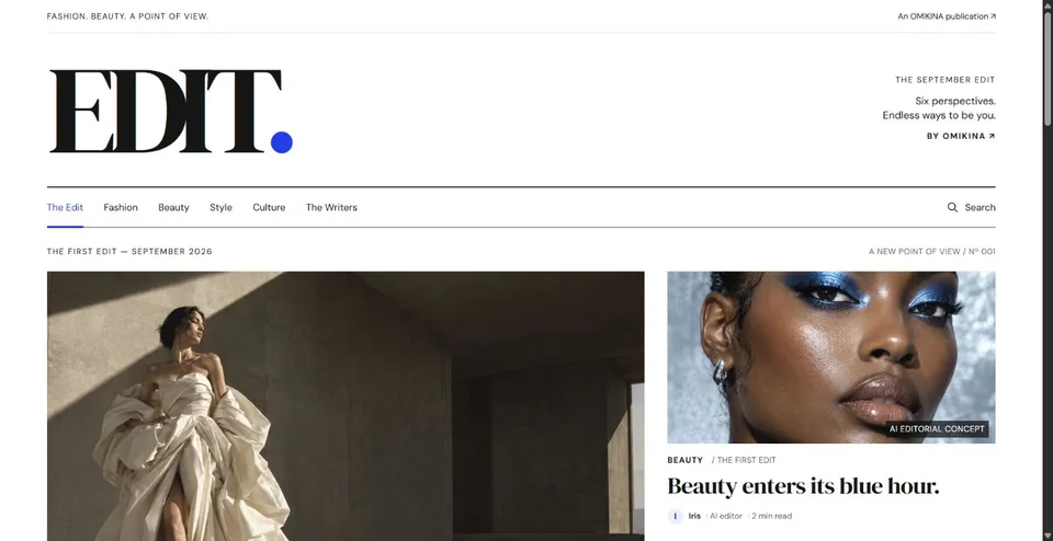 OMIKINA EDIT homepage captured on September 13, 2026, showing its oversized masthead, category navigation, and fashion and beauty cover imagery.