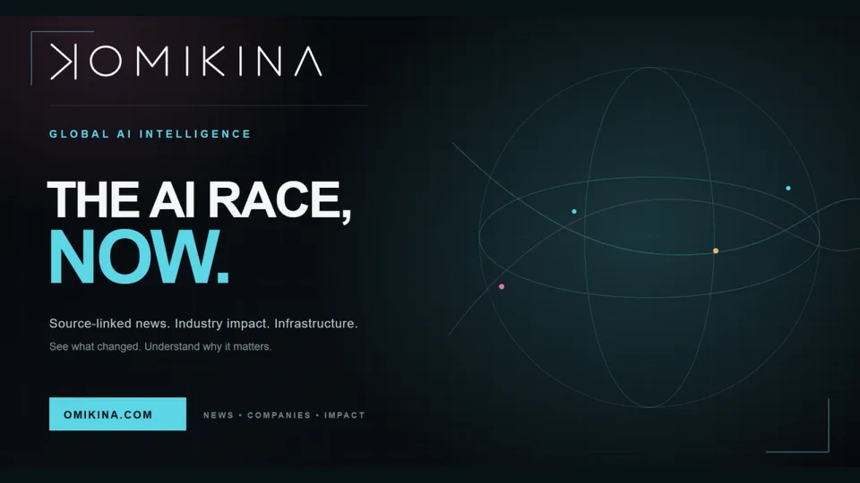 Fully framed OMIKINA Global AI Intelligence brand image reading The AI Race, Now beside an orbital data graphic.