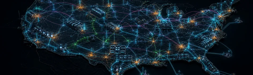 A dark editorial map of the United States rendered as an interconnected system of AI data centers, grids, power, fuel, and capital.