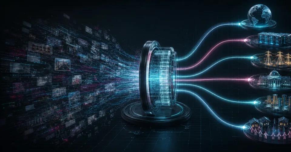 OMIKINA intelligence desk concept visual connecting current reporting with global systems, data centers, power, policy, capital, and communities.