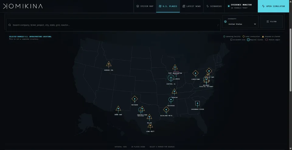 OMIKINA U.S. Places view showing selected sourced AI infrastructure locations.