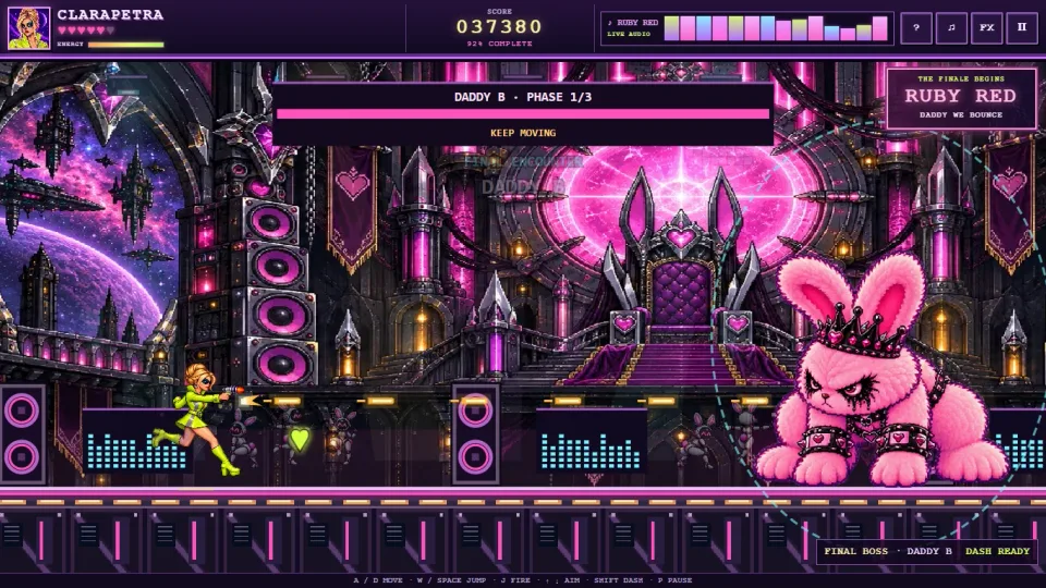 Pop Stars final battle, with Clarapetra facing a giant pink crowned Daddy B in a neon mothership arena.