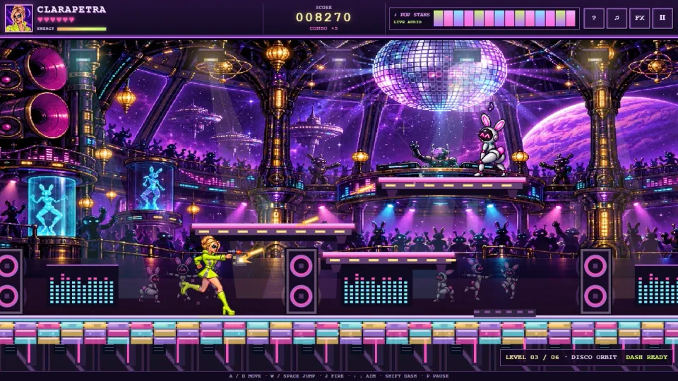 Pop Stars gameplay in Disco Orbit, with Clarapetra running and firing beneath a mirror ball, neon lights, and dancing robot and bunny figures.