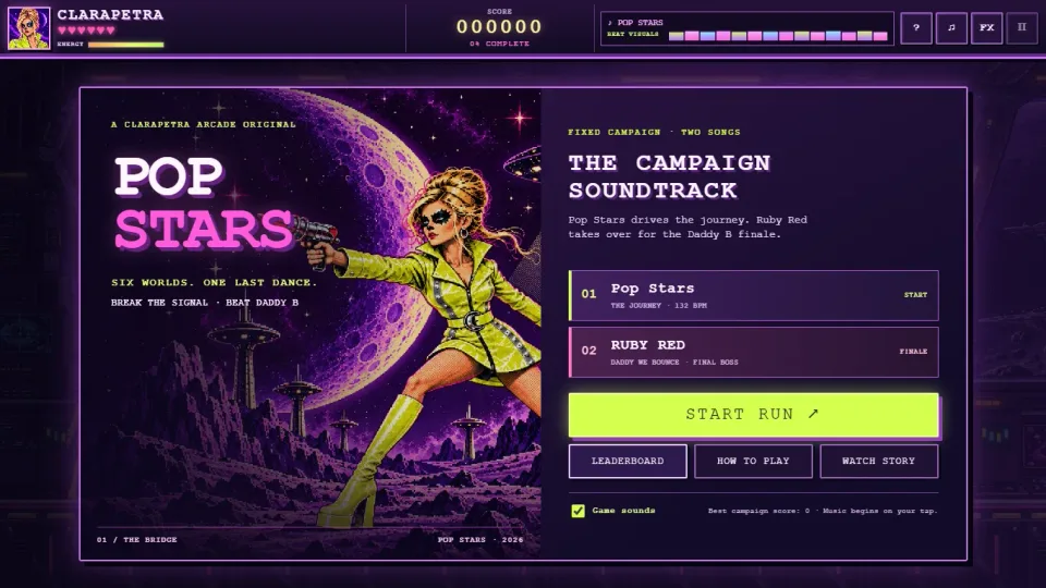 Pop Stars start screen showing Clarapetra in a lime-green outfit with a blaster against a violet moon and a two-song campaign panel.