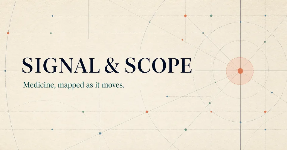 Signal & Scope brand artwork: navy editorial lettering on warm paper with the tagline Medicine, mapped as it moves, teal charts, and a circular scope motif.