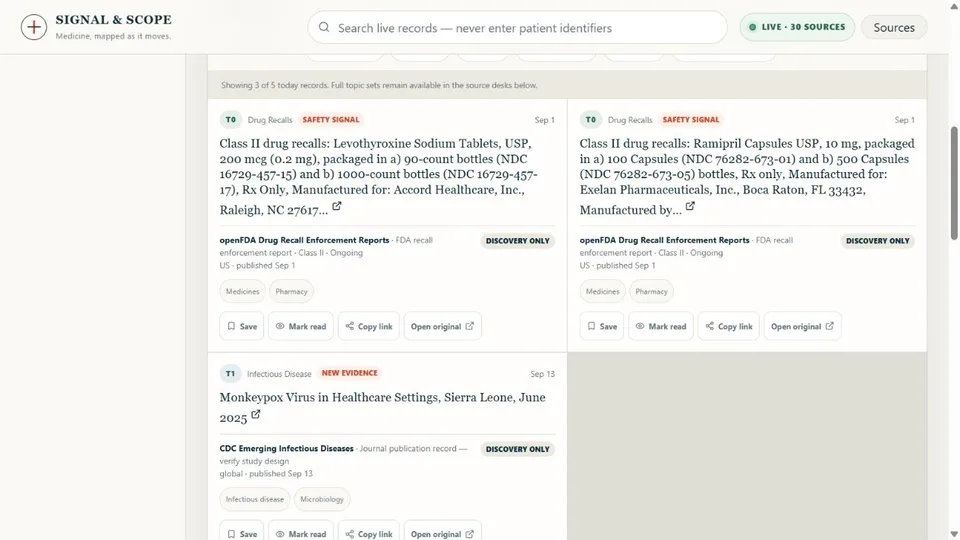 Live briefing records with original-source attribution, evidence labels, publication dates, jurisdiction, and Save, Mark read, Copy link, and Open original controls.