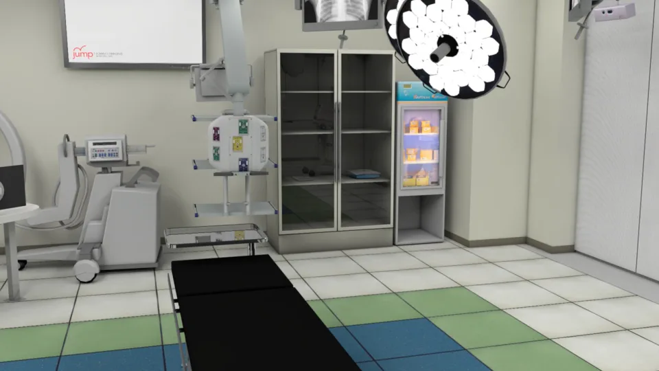 Real-time 3D medical visualization of an operating room with imaging equipment, surgical lighting, supply storage, and an exam table.