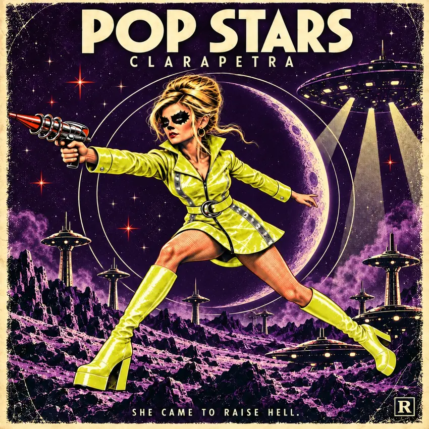 The original Pop Stars album cover: Clarapetra in citron with a raygun, cream title and violet science-fiction setting.