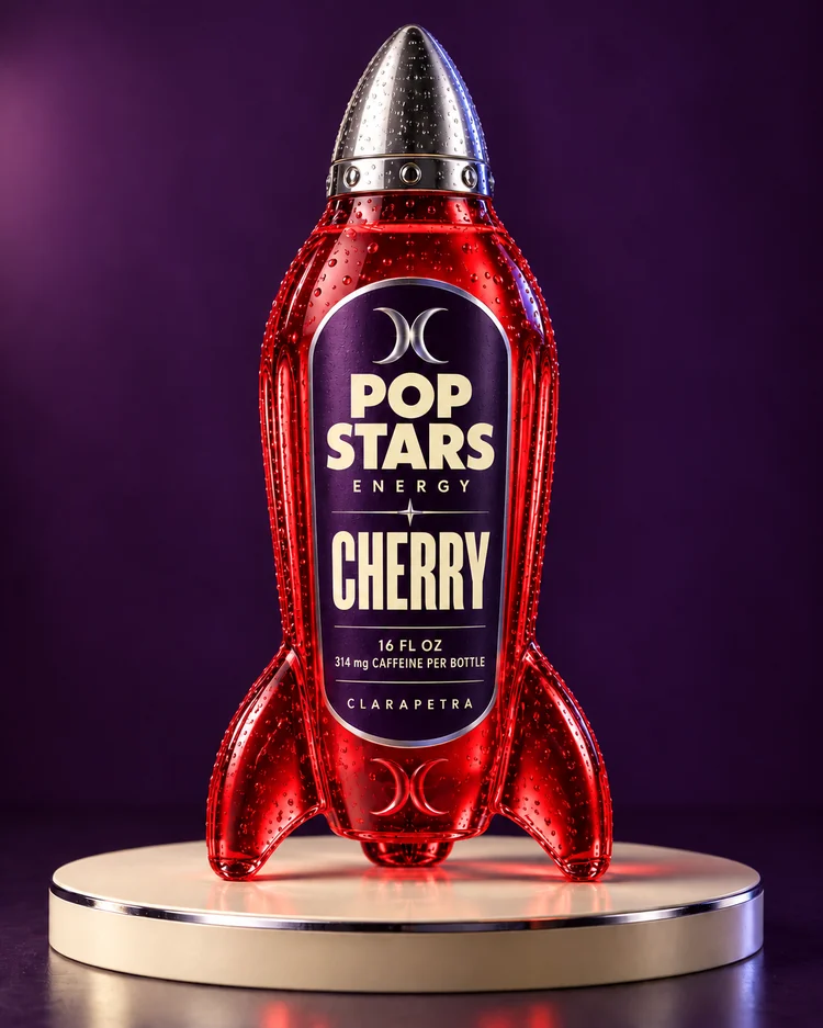Cherry edition of the Pop Stars Energy concept: a rocket-shaped bottle with a prominent CHERRY label.
