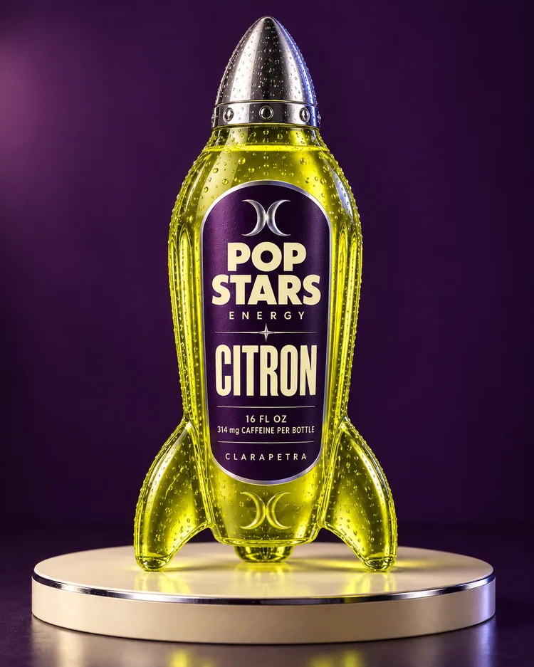 Citron edition of the Pop Stars Energy concept: a rocket-shaped bottle with a prominent CITRON label.