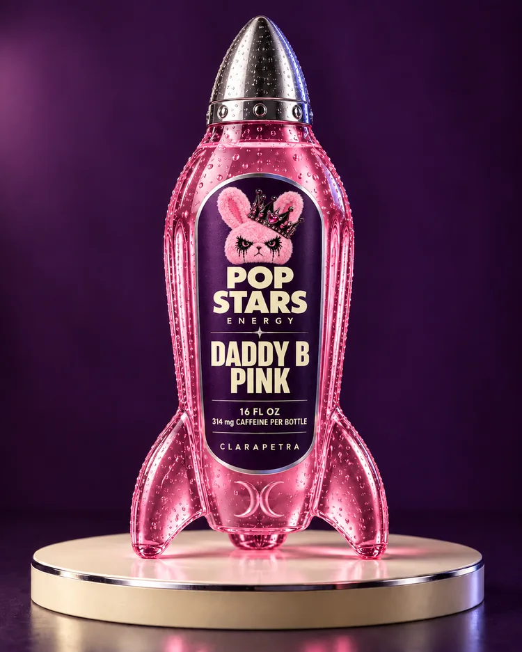Daddy B Pink edition of the Pop Stars Energy concept: a rocket-shaped bottle with DADDY B and PINK label callouts.