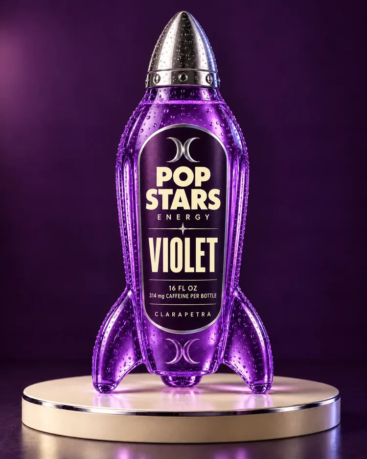 Violet edition of the Pop Stars Energy concept: a rocket-shaped bottle with a prominent VIOLET label.