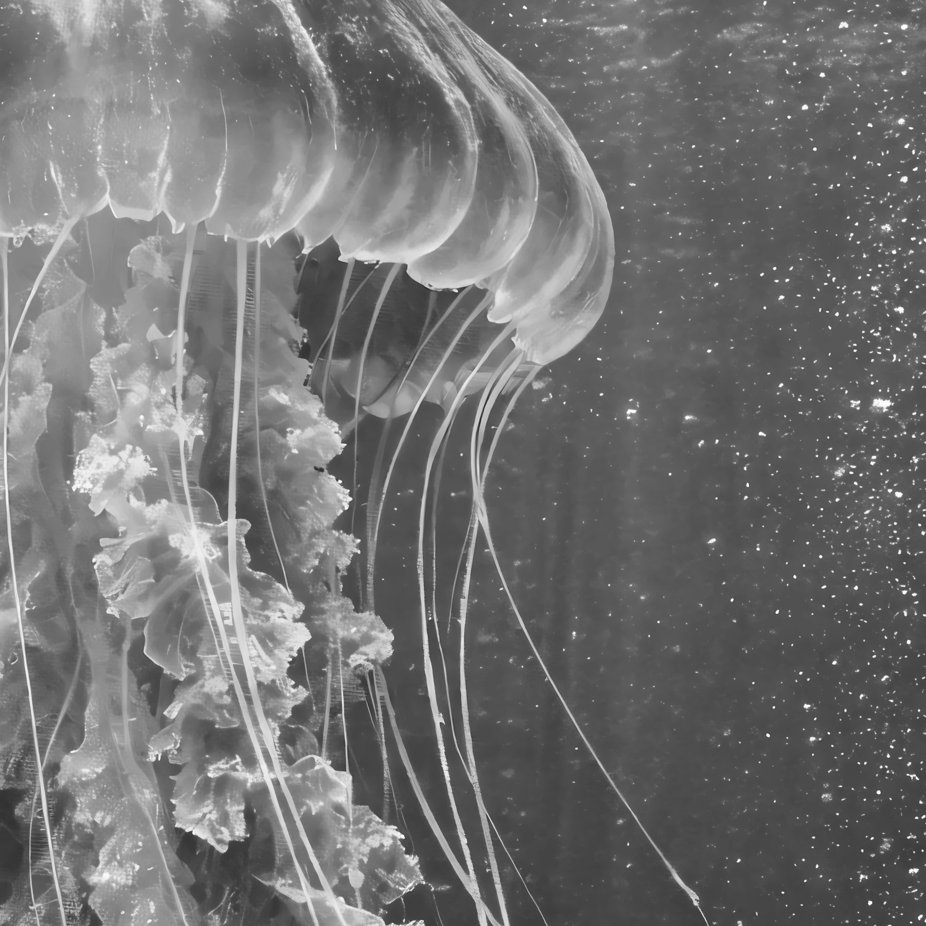 Black-and-white visual study of a translucent jellyfish floating through fine particles.