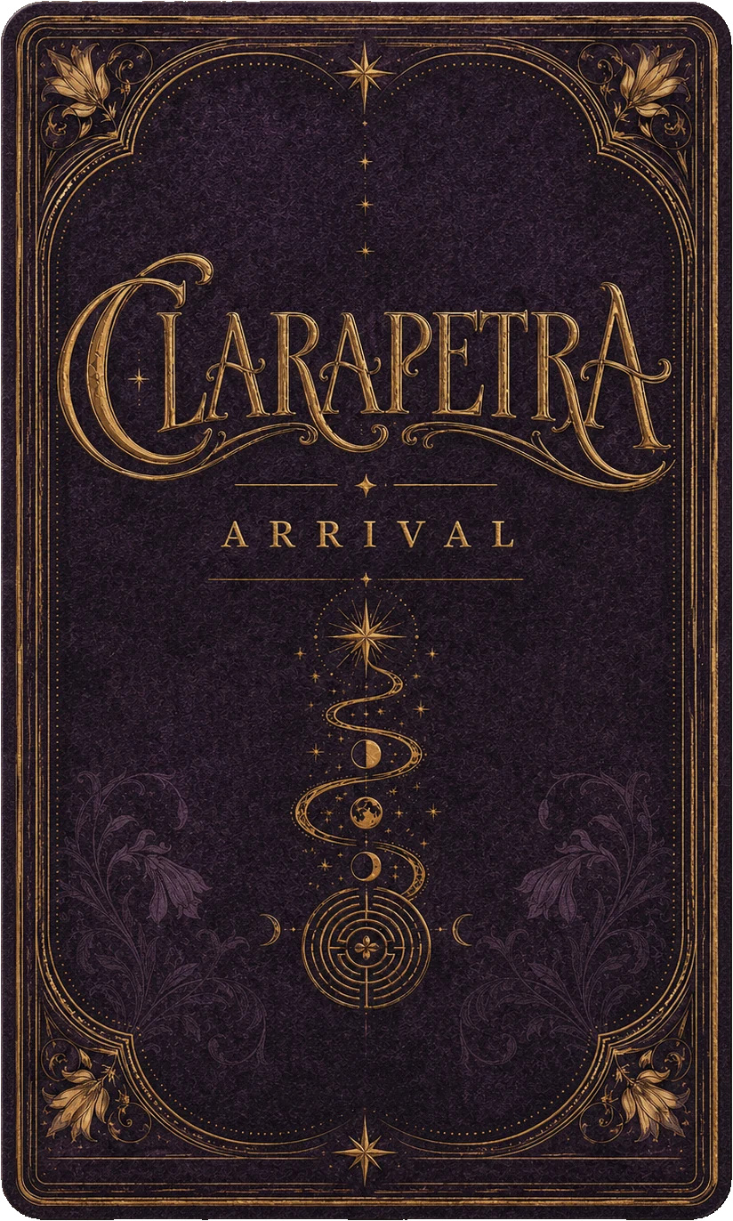 Ornate purple and gold Clarapetra ARRIVAL tarot-card artwork.