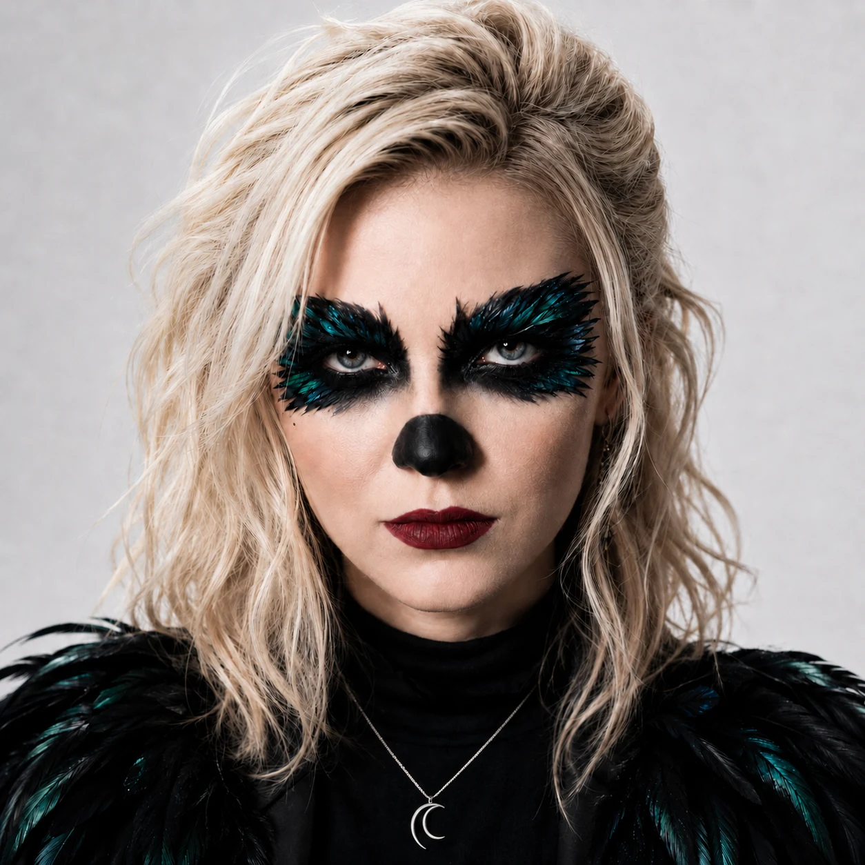 Square studio portrait of Clarapetra with black and teal feathered eye makeup.