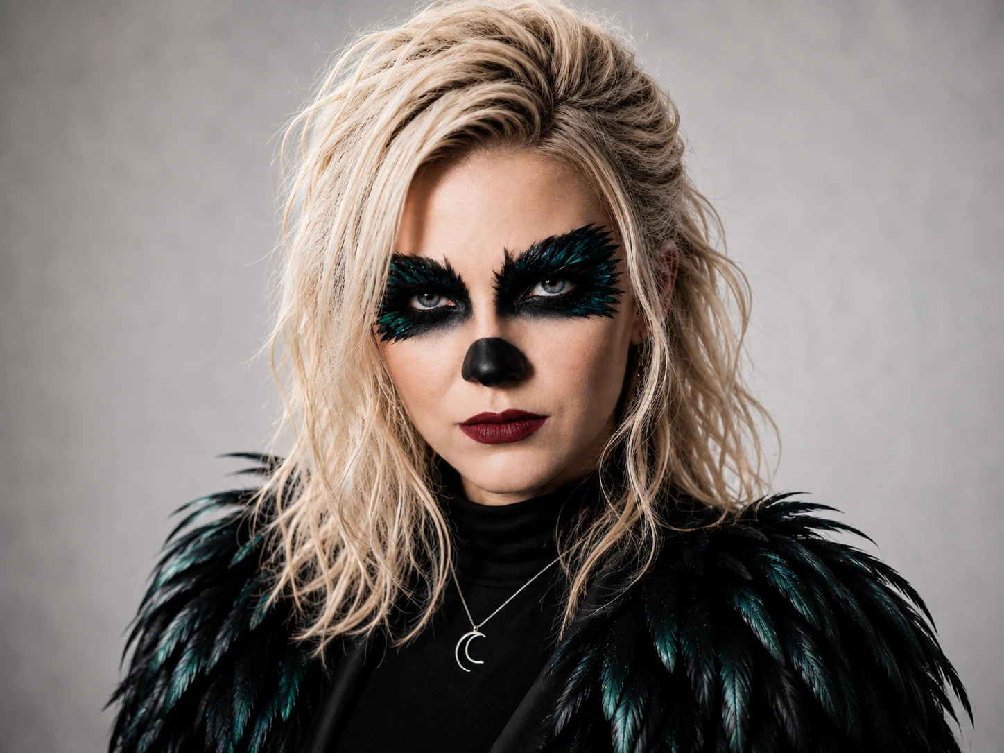 Clarapetra studio press portrait in a black feathered costume with wide raven wings.