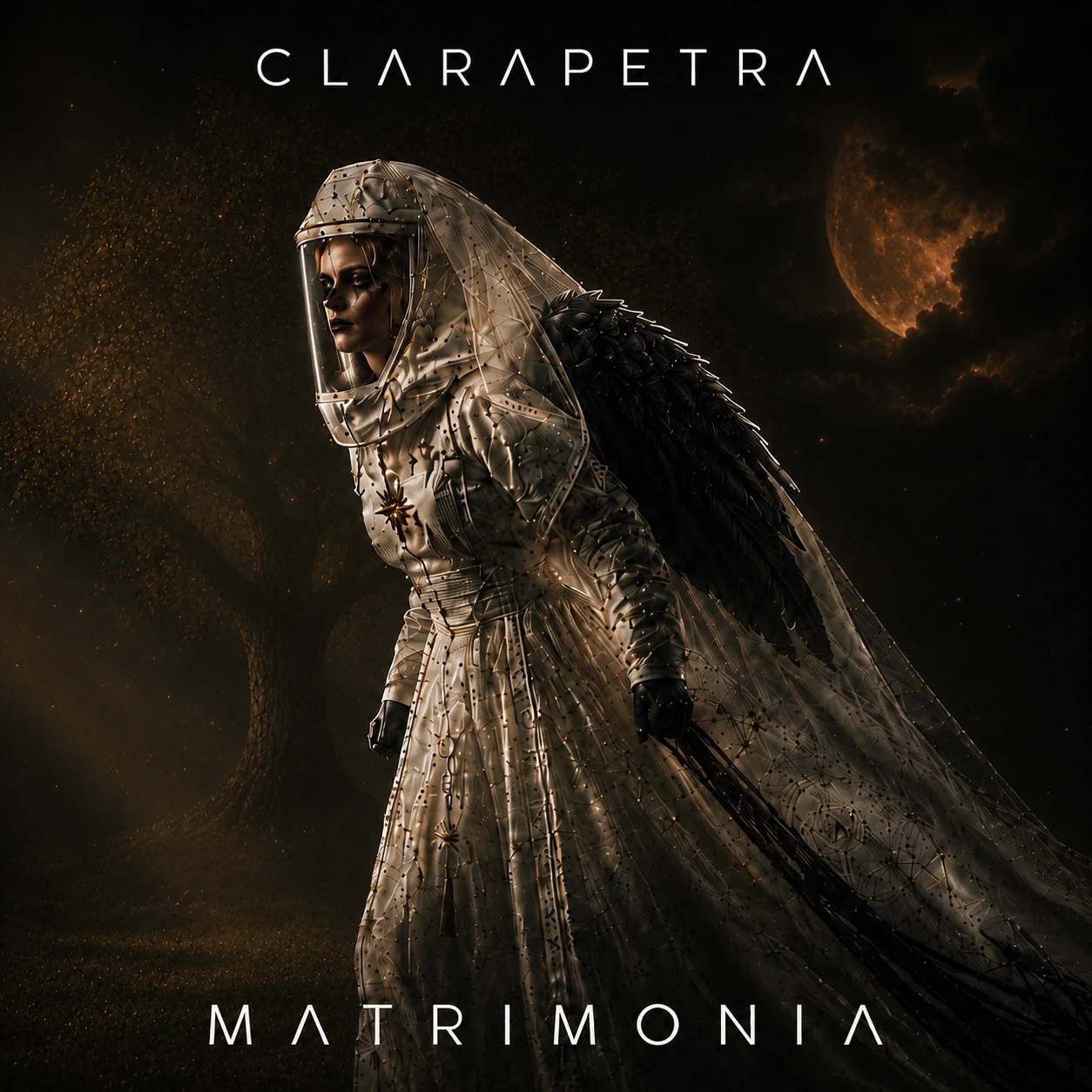 MATRIMONIA album cover showing Clarapetra as a ceremonial raven bride beneath a dark moon.