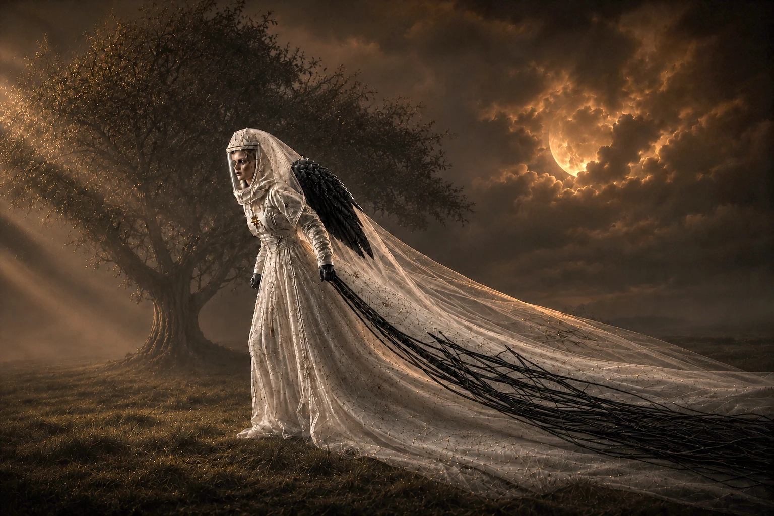 Cinematic MATRIMONIA scene with a raven bride, windswept veil, lone tree, and obscured moon.