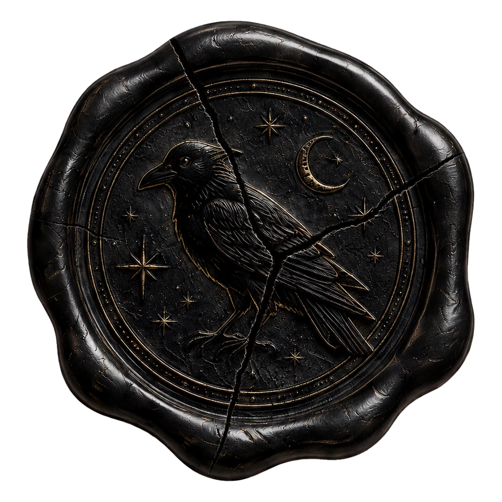 Cracked black raven wax seal created for the MATRIMONIA invitation interaction.
