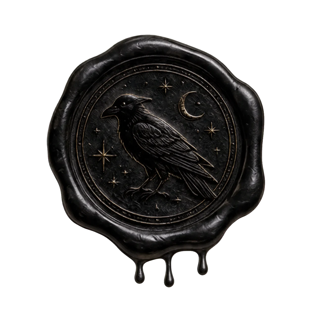 Black wax seal embossed with a raven, crescent moon, and stars.
